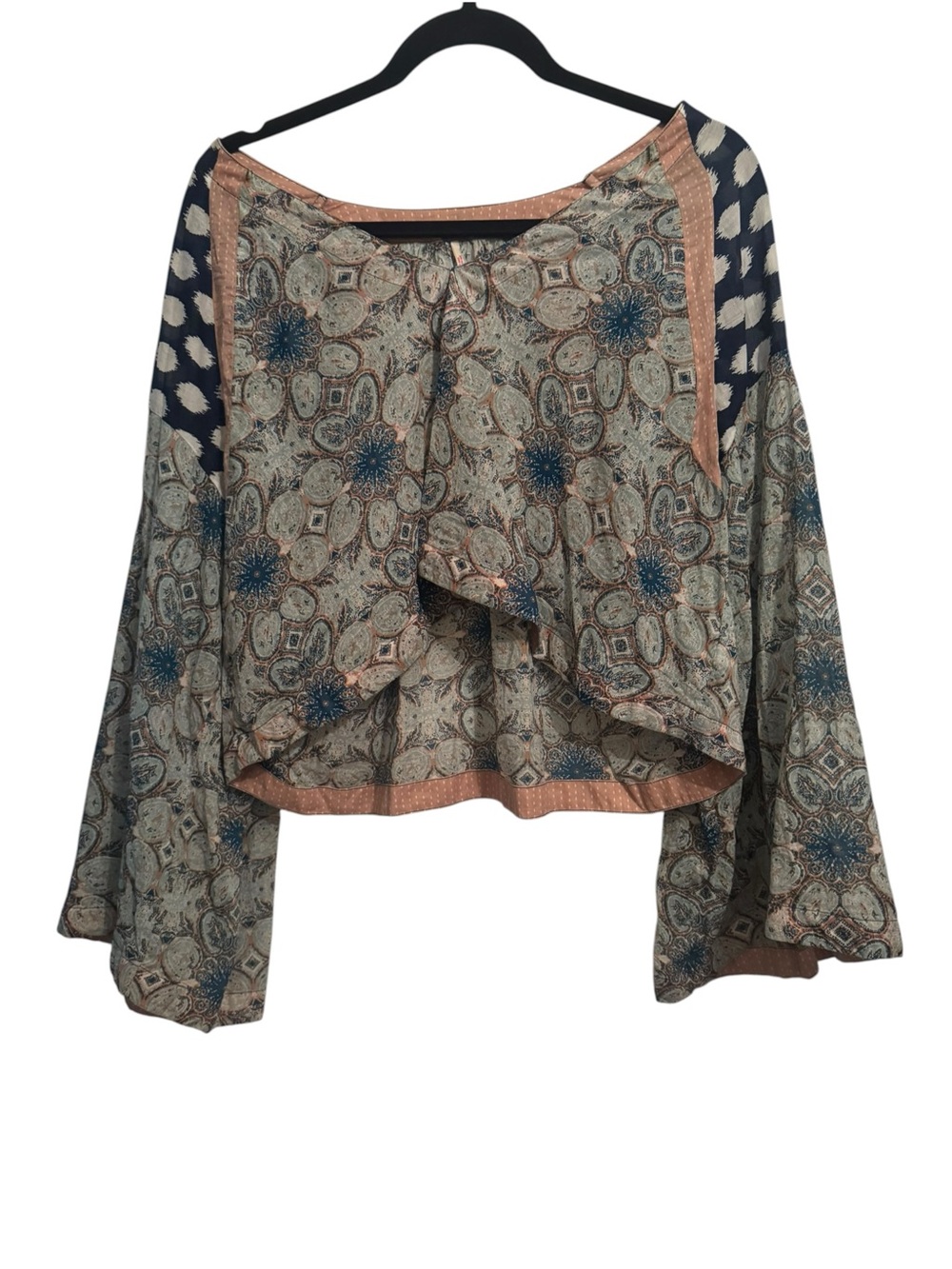 Free People Floral Paisley Flutter Sleeve Blouse in Blue and Tan